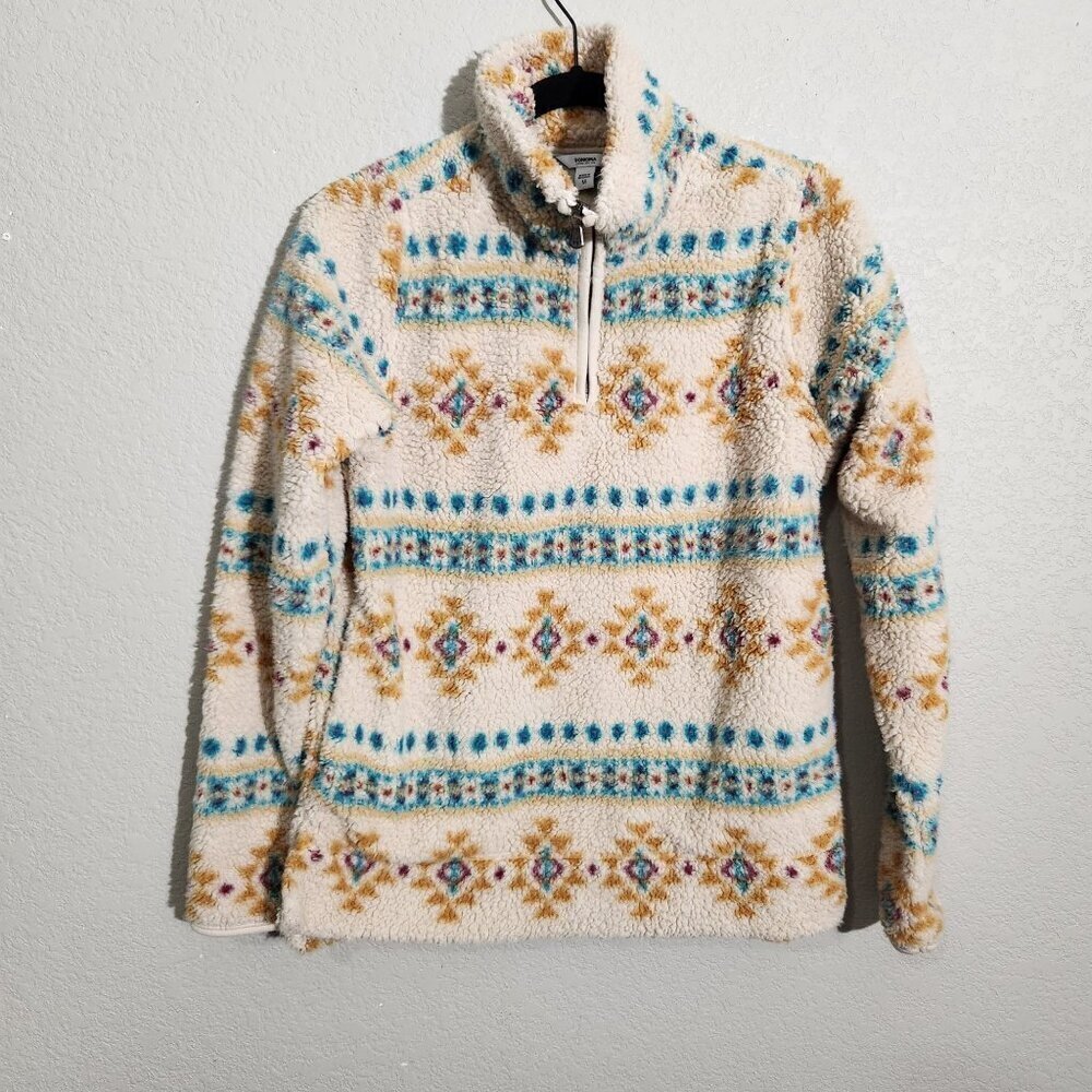 Sonoma Womens Medium Faux Fur Quarter Zip Pullover Sweater Aztec